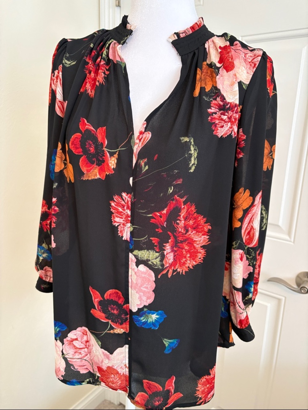 Worthington Black Floral Blouse with Red & Pink Blooms